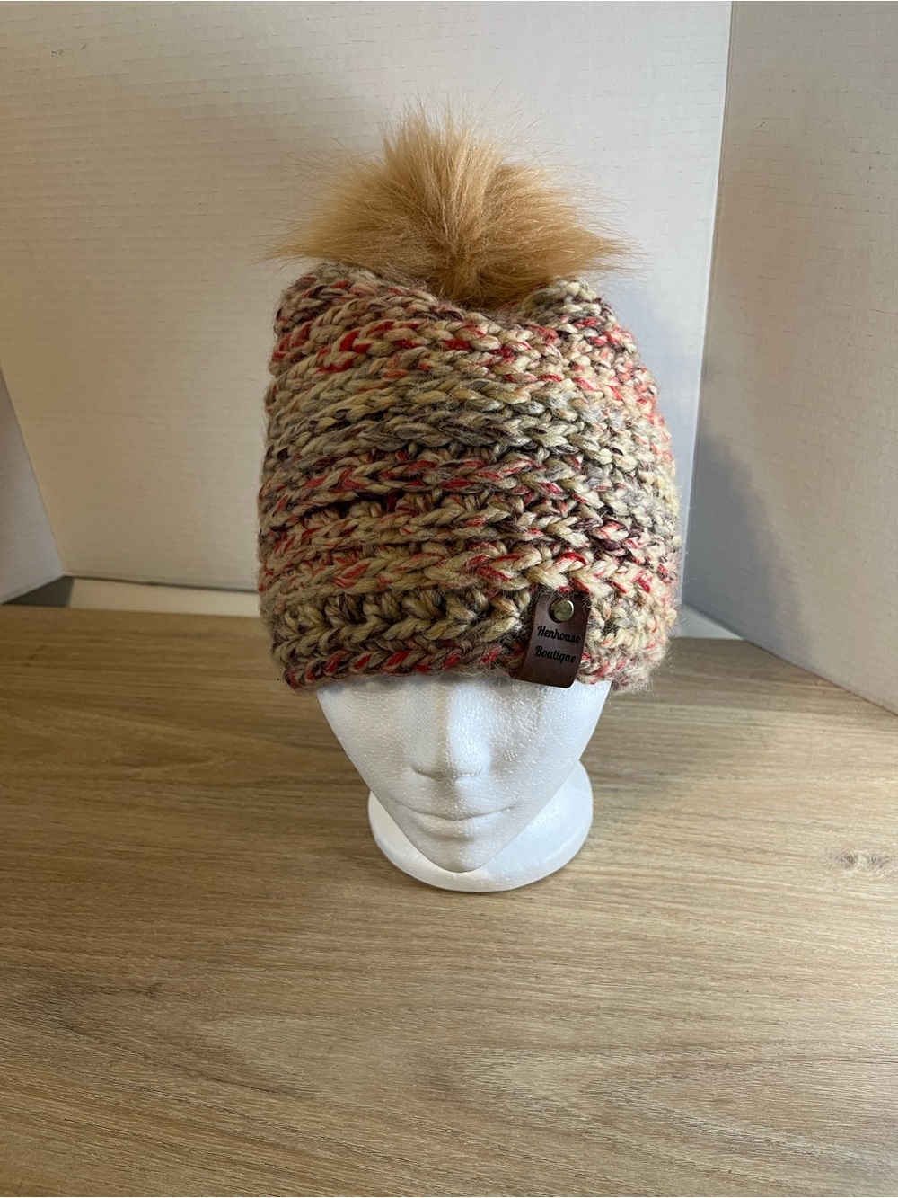Chunky Knit Pom Beanie in Multicolor Beige